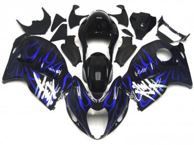 1996-2007 Suzuki GSXR 1300 Motorcycle Fairings - Glossy Black with Deep Blue Flame