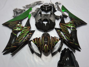 2008-2016 Yamaha R6 Motorcycle Fairings - Green Glossy Black Gold Flame