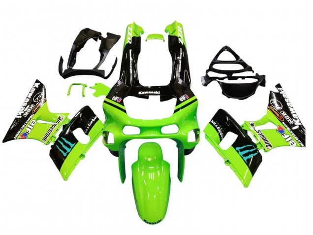1998-2003 Kawasaki ZZR600 Motorcycle Fairings - Green Glossy Black Blue Monster Elf Touch4 Bridgestone
