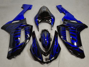 2007-2008 Kawasaki ZX6R Motorcycle Fairings - Black Blue Flame