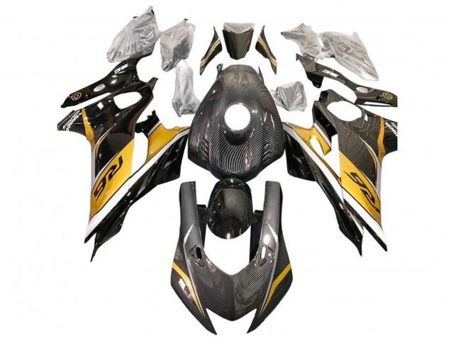 2017-2025 Yamaha YZF R6 Motorcycle Fairings - Gold White Black Faux Carbon Fiber