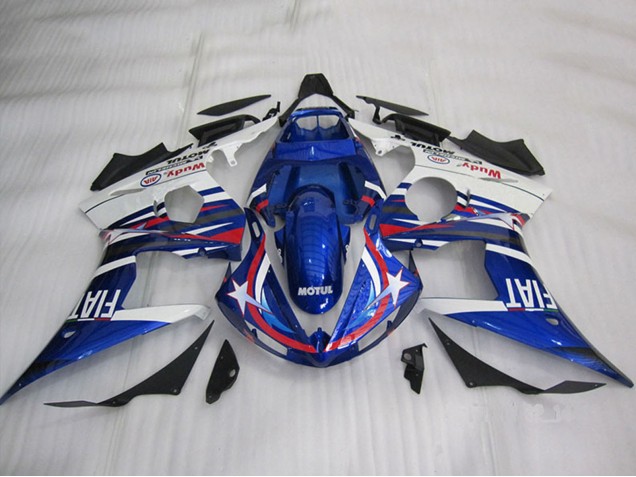 2003-2004 Yamaha YZF R6 Motorcycle Fairings - White Blue Red Motul Fiat